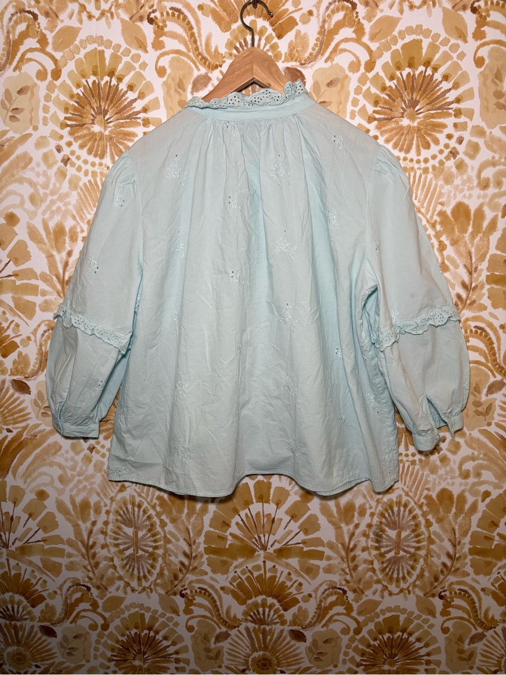 Mint Eyelet Blouse Women | Embroidered Boho Top Puff Sleeve Cottagecore - Picture 7 of 11